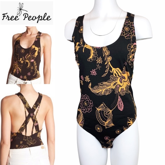 Free People Tops - Free People Floral Black & Gold Bodysuit Large